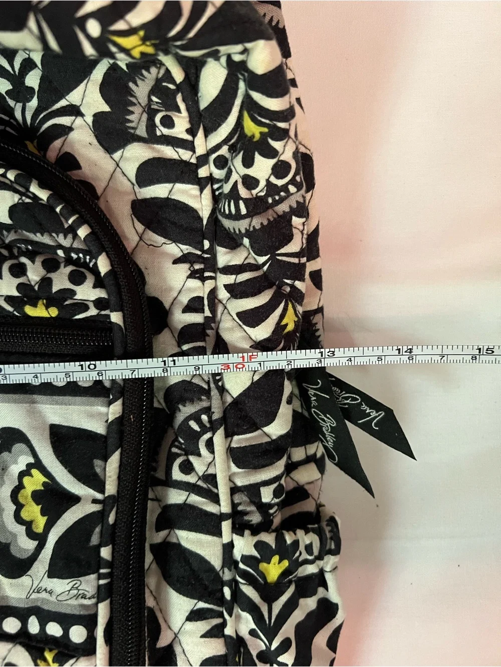 P12-Vera Bradley Black & Cream Quilted Floral Backpack with Yellow Accents